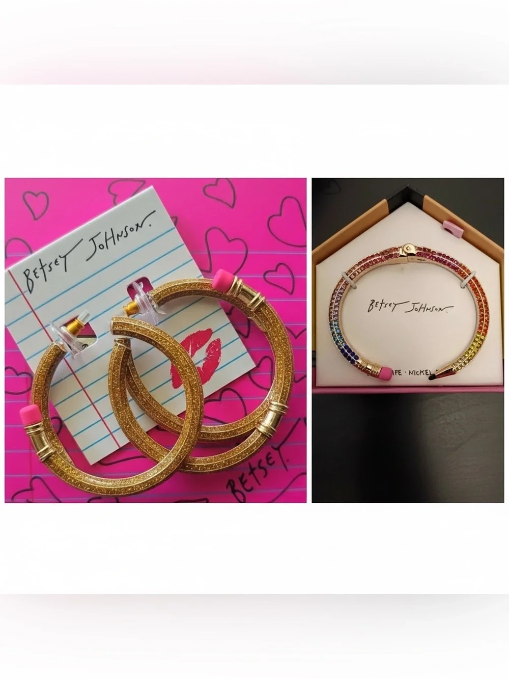 ✨ NIB Betsey Johnson Book Smart Gold Glitter Pencil Hoop Earrings ✨